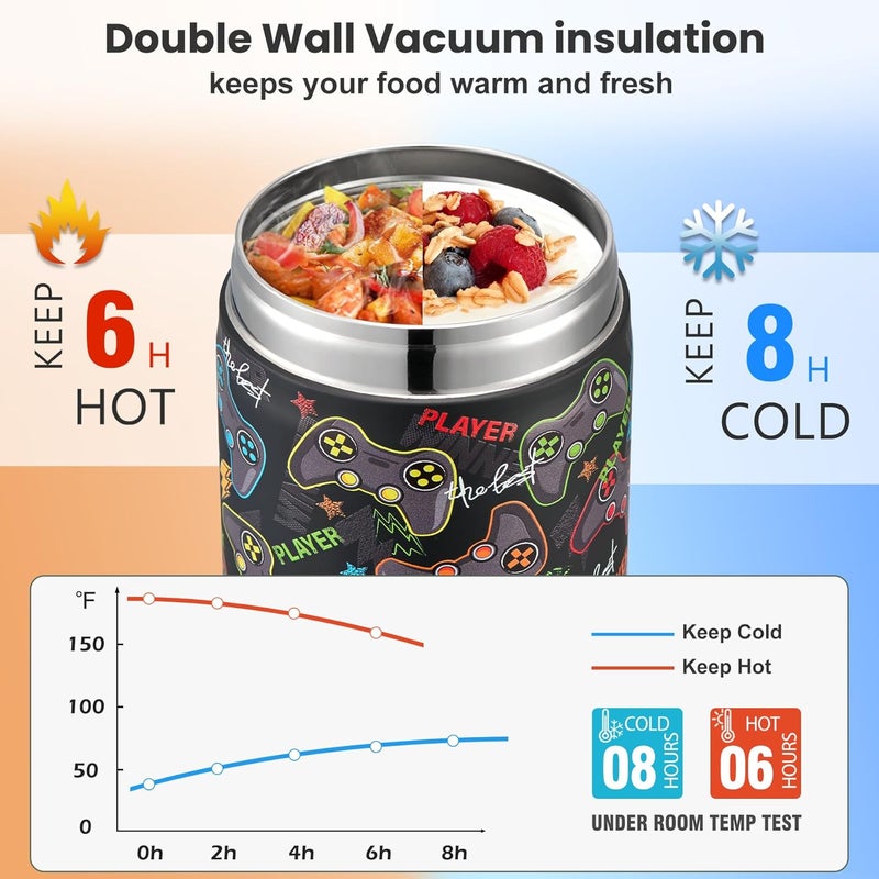 Howeemo 17oz Soup Thermo for Hot Food Kids,Insulated Food Jar with Spoon,Thermo Hot Food Lunch Container,Wide Mouth Leakproof Stainless Steel Lunch Box for School-Black Game - Image 3